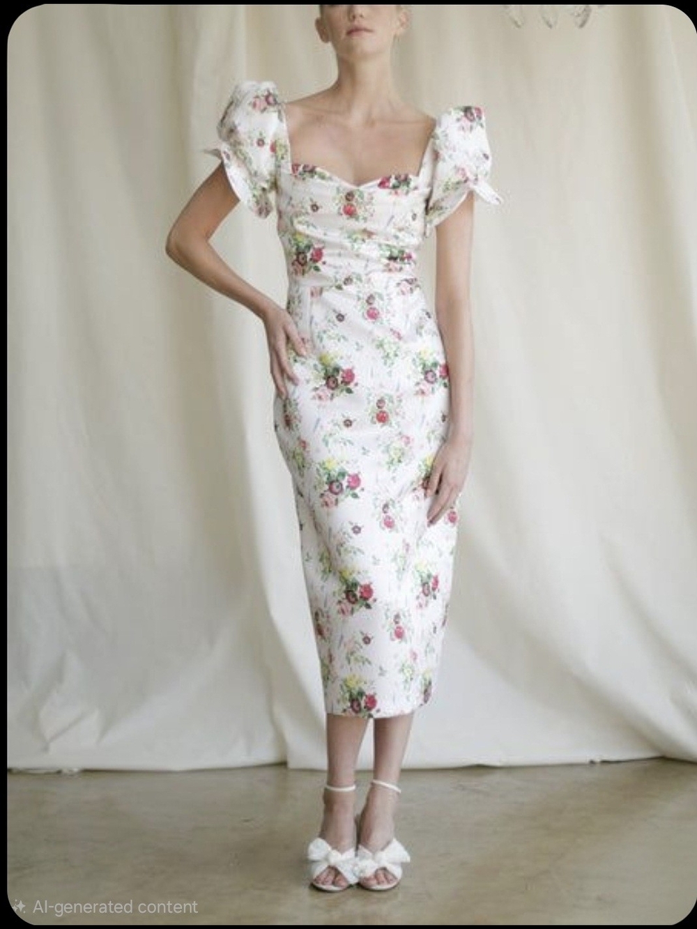 Floral Puff-Sleeve Midi Dress in White and Pink